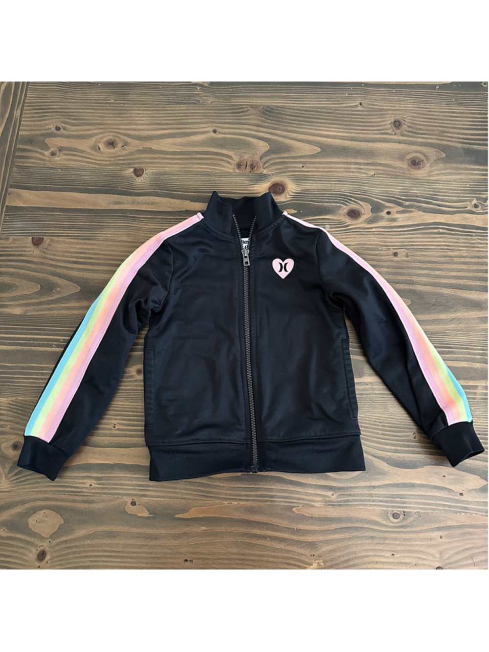 Girls Hurley Track Jacket 4T Black Rainbow Stripe Zip Up Pink Heart